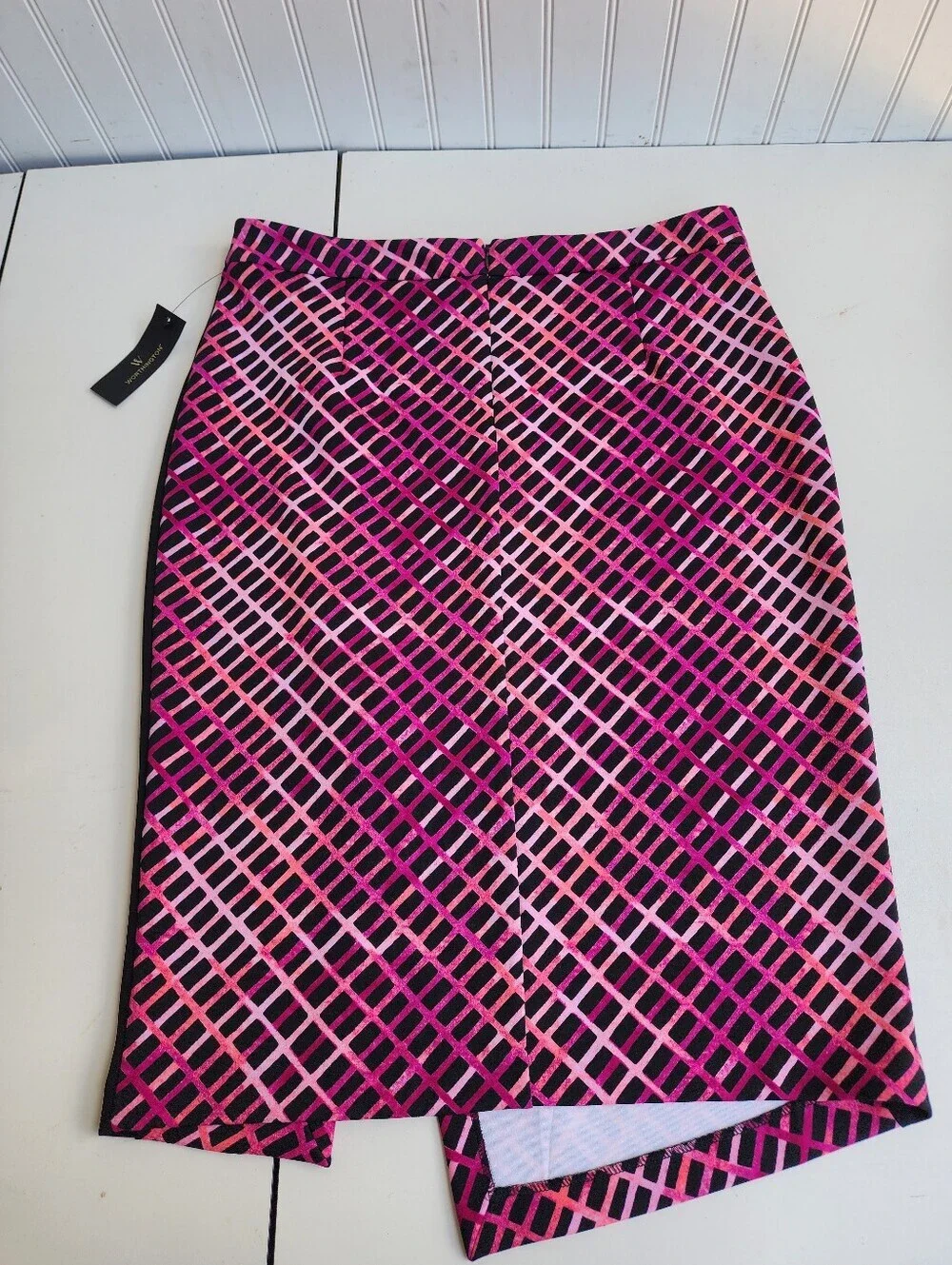 NWT Worthington Exposed-Zip Print Envelope Skirt Coral Pink Black Stretch Sz 14